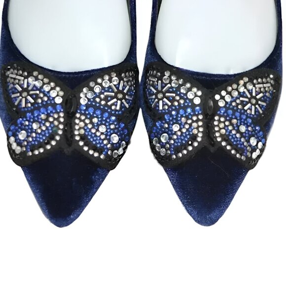 Edelman Sapphire Dark Navy Blue Butterfly Beaded Velvet Holiday Pumps Heels 7.5 - Picture 4 of 9